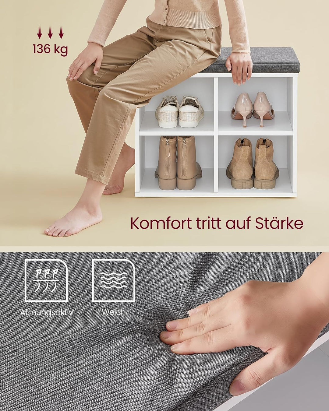 VASAGLE Schuhbank, Schuhregal mit Sitzfläche, Sitzbank mit Stauraum, Kissen, 4 Fächer, verstellbare