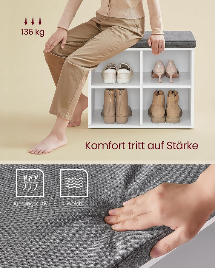 VASAGLE Schuhbank, Schuhregal mit Sitzfläche, Sitzbank mit Stauraum, Kissen, 4 Fächer, verstellbare
