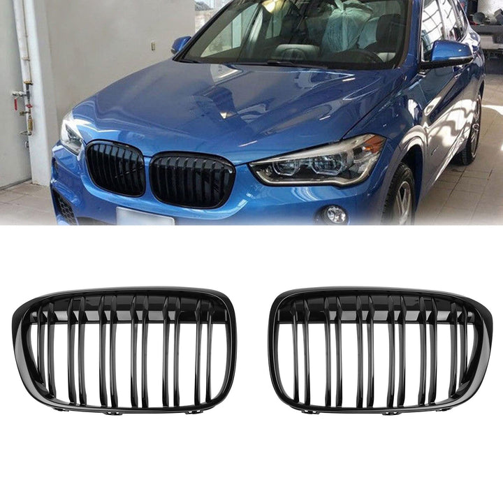 DOCAS Kühlergrill für BMW X1 F48 F49 2016 2017 2018 2019 Nieren Doppelsteg Sport Glanz Schwarz X1 F4
