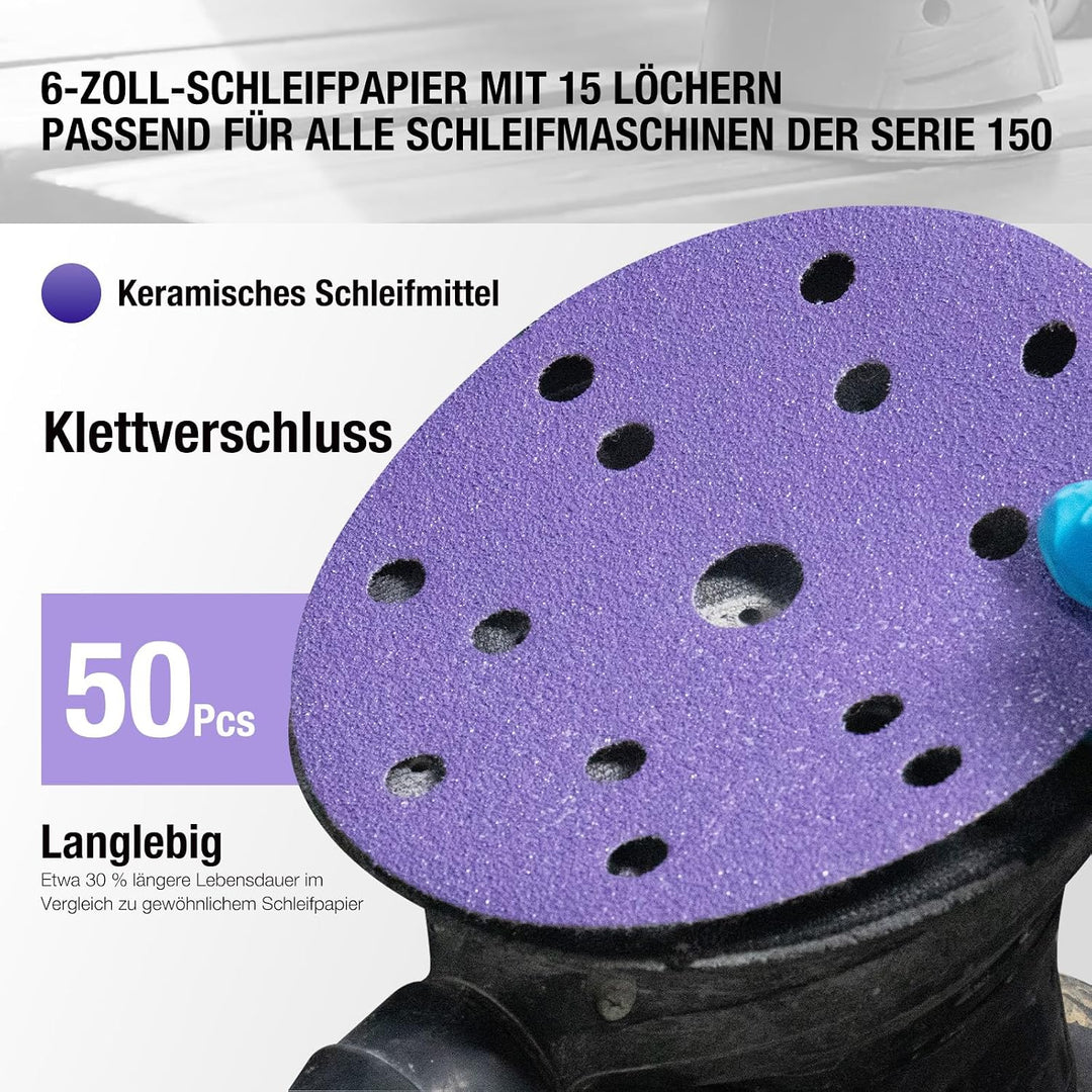 50 Stück 15 Loch Schleifpapier 150 mm Klettverschluss 120 Körnung Schleifscheiben Keramik Schleifpap