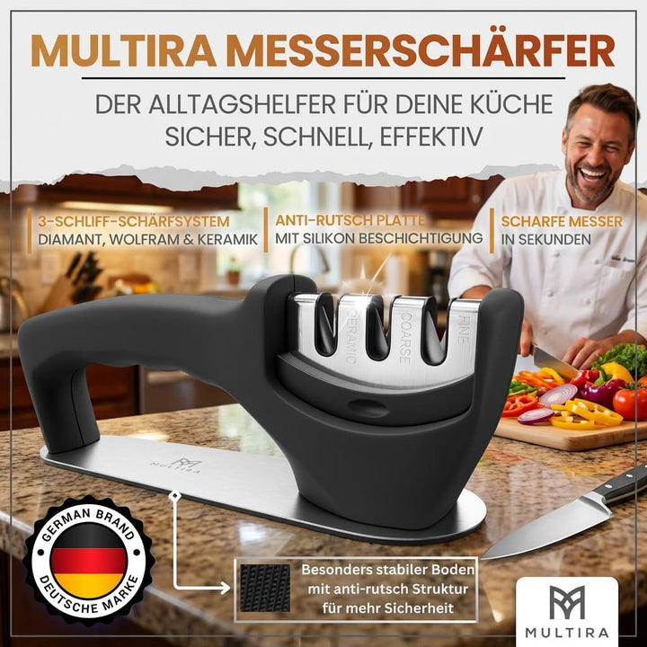 Messerschärfer | Messerschleifer 3-Stufen für Küchenmesser, Stahl- und Keramikklingen | rutschfeste