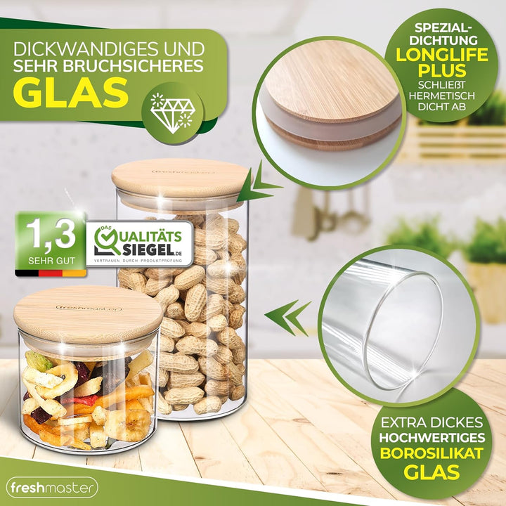 freshmaster Premium Vorratsdosen Glas mit Bambusdeckel I Vorratsgläser mit Deckel für luftdichte Auf
