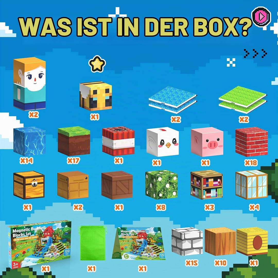 Magnetische Bausteine Blöcke 100 Stück, Geschenk Junge Mädchen 3 4 5 6 Jahre Magnete Kinder Spielzeu