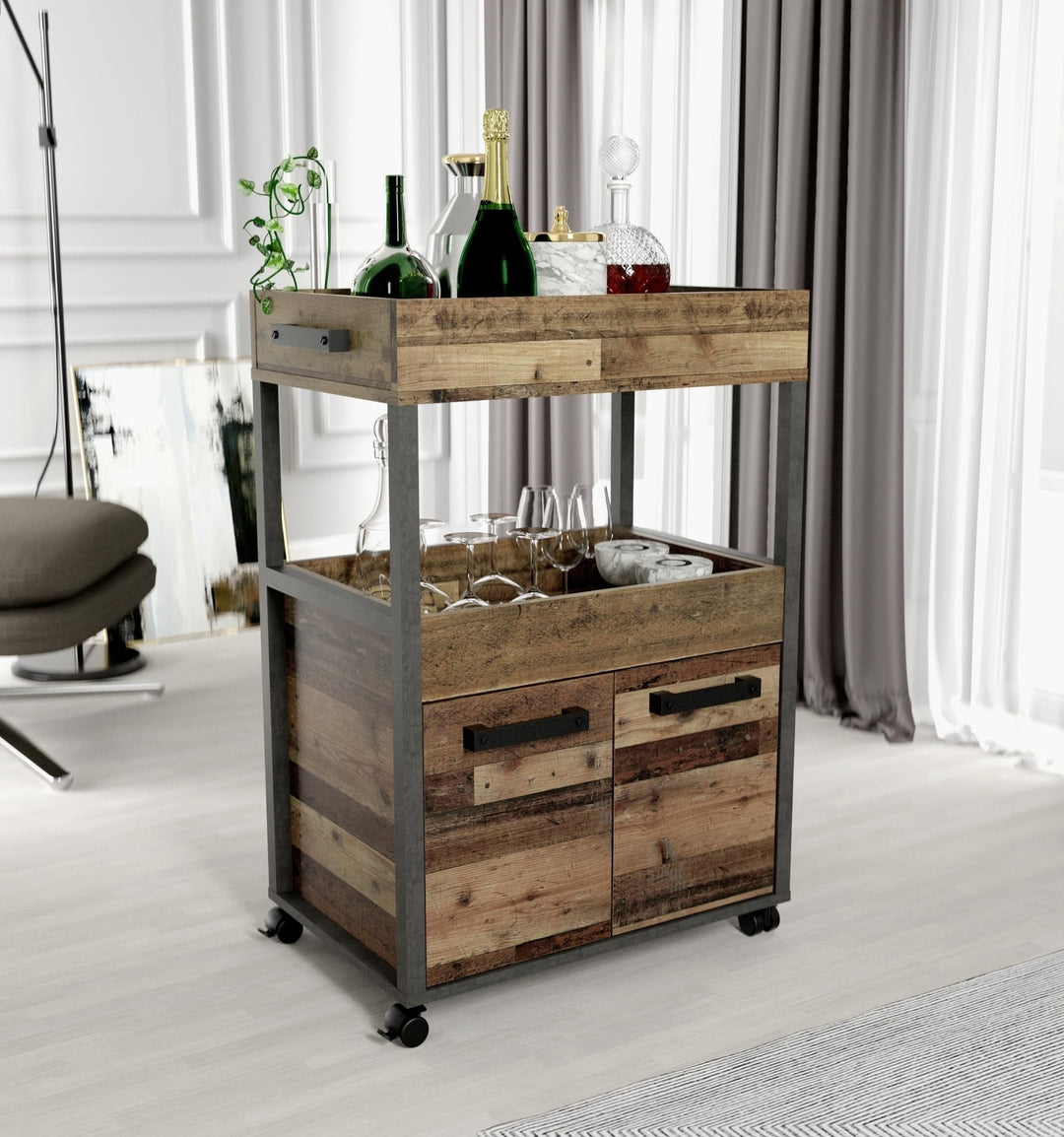 möbelando Servierwagen >Home Bar< auf Rollen, in Old-Wood Vintage Dekor/Betonoptik - 60x88,5x40cm (B