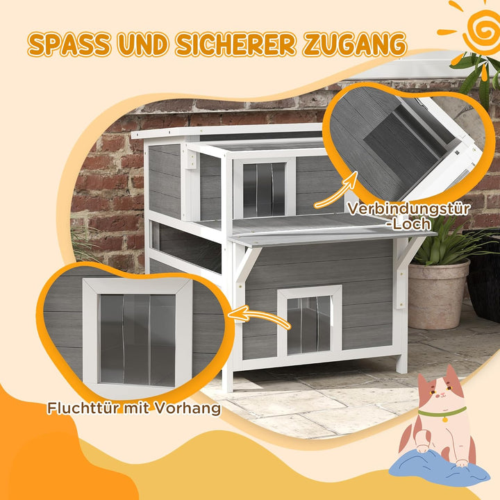 PawHut Katzenhaus aus Holz 2-Etagen Katzenhöhle für Draussen, Katzenhütte mit Aufklappbar Asphaltdac