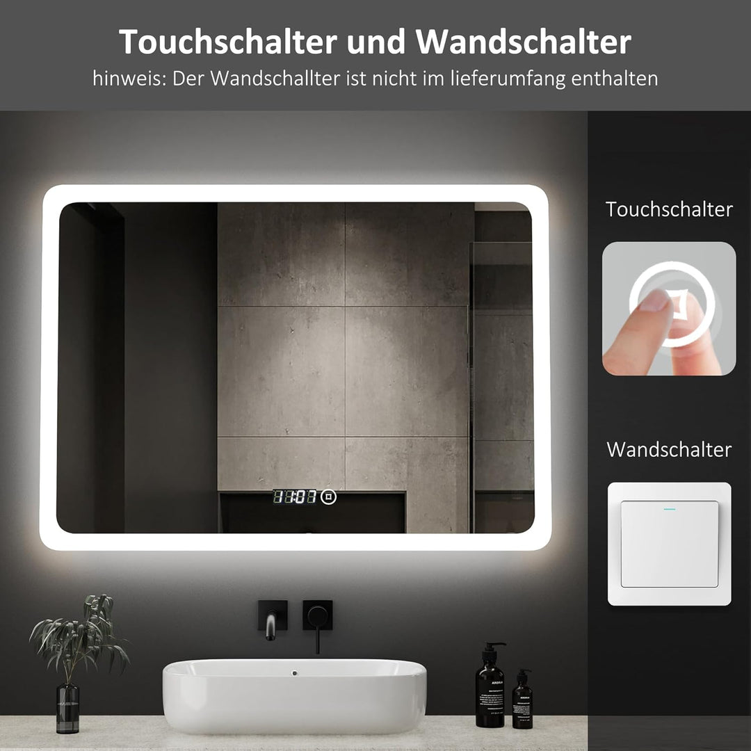 Boromal LED Badspiegel mit Uhr 80x60cm Badezimmerspiegel mit Beleuchtung 6500K Kaltweiss Wandspiegel