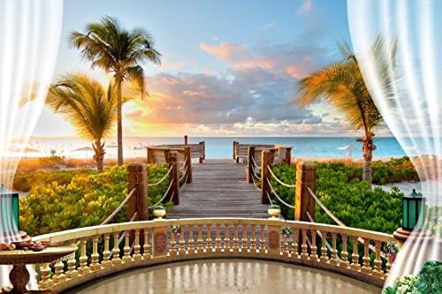 Renaiss 3x2m Hawaiian Küste Sonnenuntergang Hintergrund Sommer Strand Palmen Hintergrund Balkon Holz