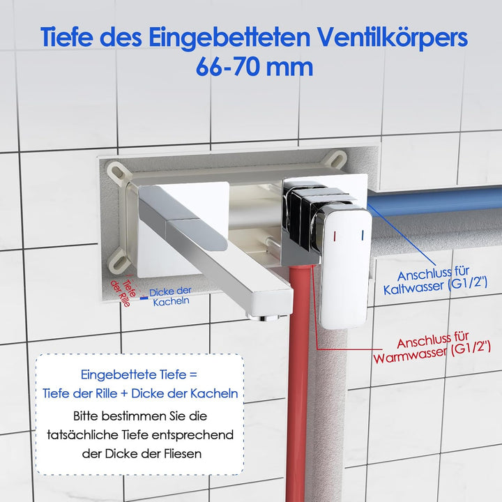 ROVOGO Waschtischarmatur Unterputz für Wandmontage, 2-Loch Wasserhahn Bad aus Edelstahl 304, Einhebe