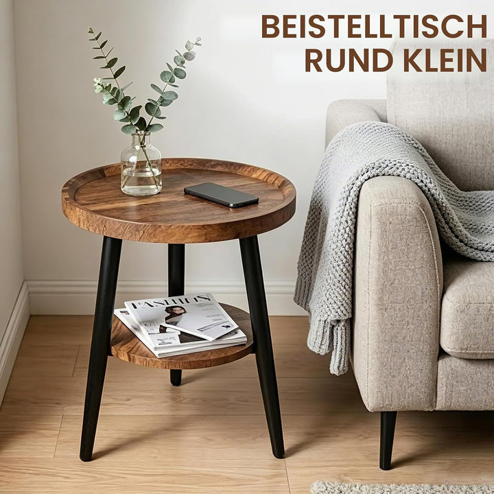 Beistelltisch Rund Holz | Runder Beistelltische Wohnzimmer | Couchtisch Klein mit Unterem Ablage | S