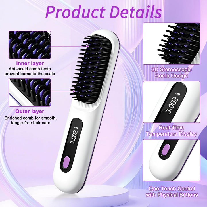 Stylingbürste für Kurze Haare, Kabellose Styling Bürste, Glättbürste Kabellos mit 3 Wärmestufen 160°