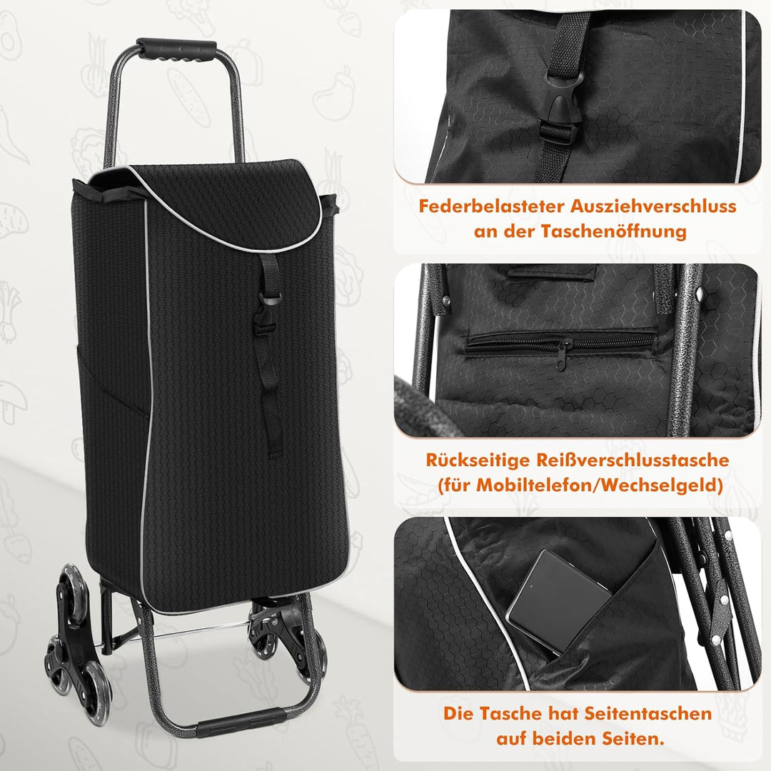 Einkaufstrolley Treppensteiger, Trolly Einkaufswagen Klappbar mit 3 Räder, Wasserdichter, 40L Schwar