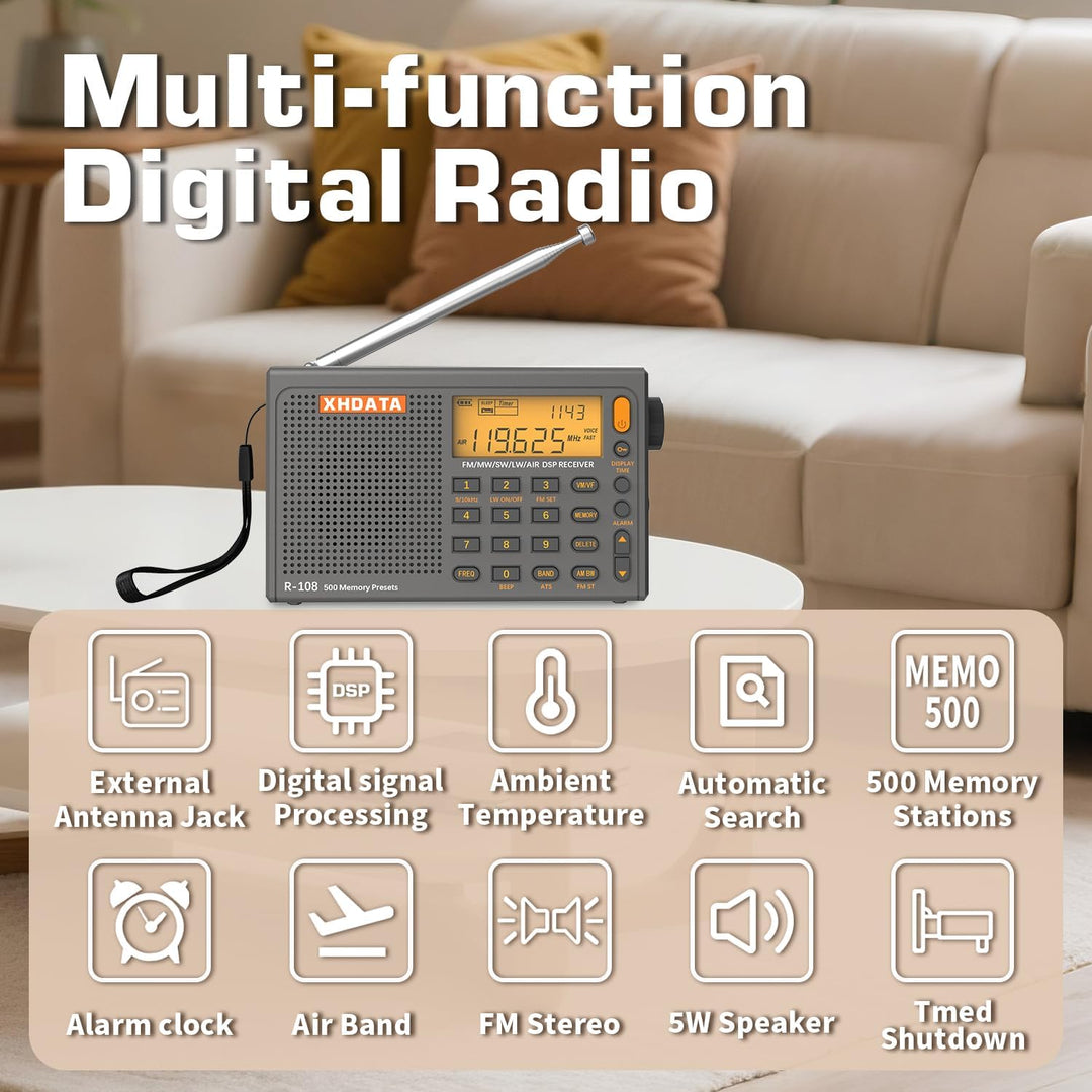 XHDATA R-108 Kleines Tragbare Radios Wiederaufladbares Batterieradio UKW FM AM SW Airband Radio welt