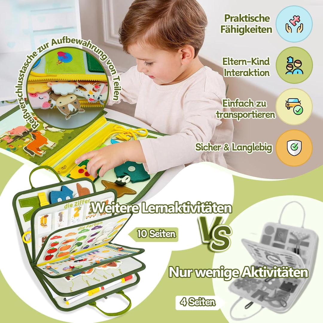 Busy Board Deutsch Montessori ab 1 2 3 Jahre, 10 in 1 Montessori Spielzeug Activity Board Motorikspi