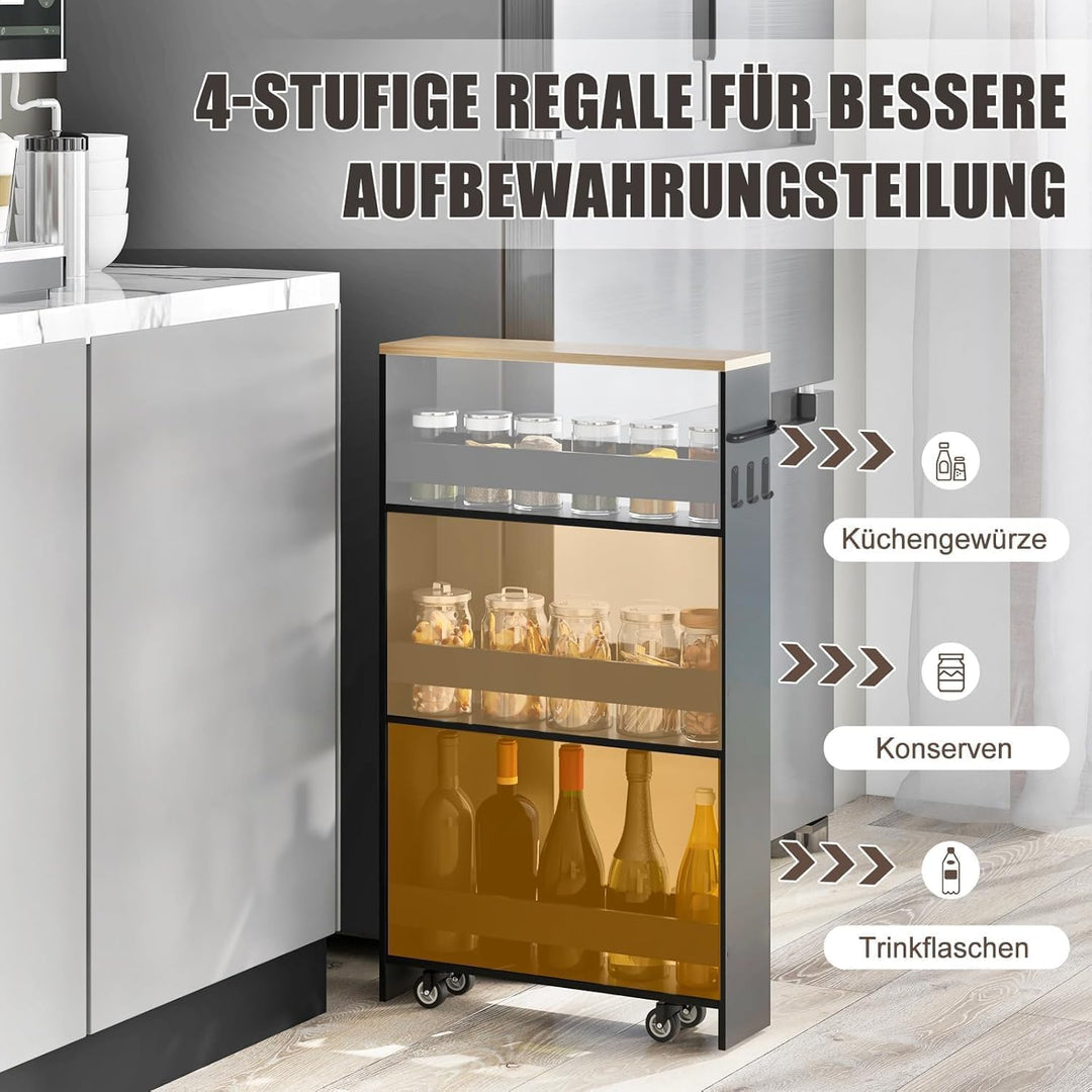 Nischenwagen 14cm breit, 4 Etagen Küchenwagen schmal, Nischenregal auf Rollen, Servierwagen mit Grif