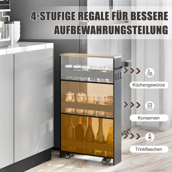 Nischenwagen 14cm breit, 4 Etagen Küchenwagen schmal, Nischenregal auf Rollen, Servierwagen mit Grif