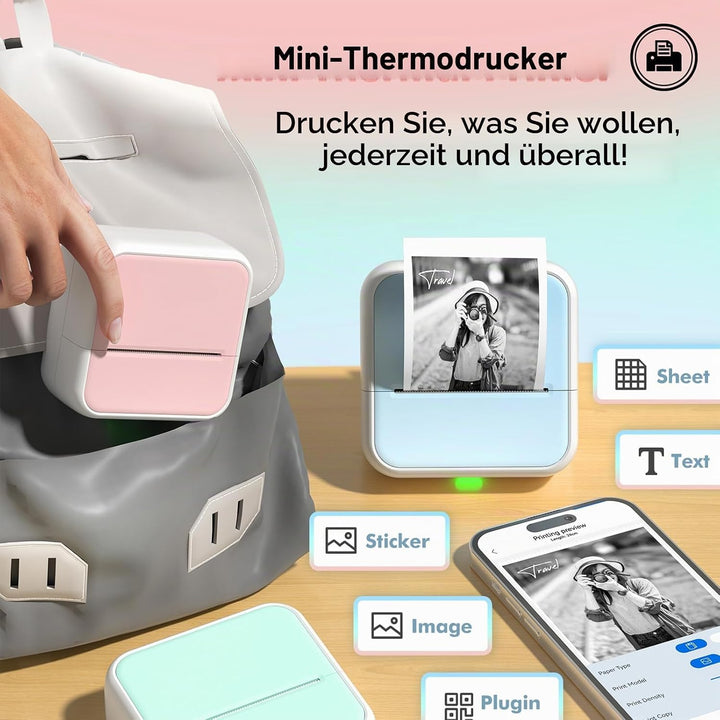 Bisofice S1 Mini Drucker für Smartphone mit 11 Rollen Druckerpapier, Sticker Drucker Aufkleber, Mini