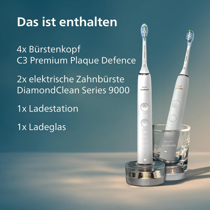 Philips Sonicare DiamondClean 9000 Elektrische Zahnbürste Doppelpack - 2 Schallzahnbürsten, 1x Ladeg