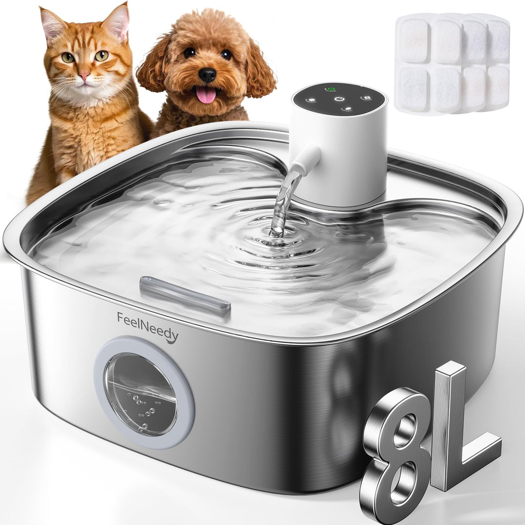 FEELNEEDY 8L Katzenbrunnen Kabellos, 5000mAh Trinkbrunnen für Hunde mit 3 Filters, Katzenbrunnen Ede