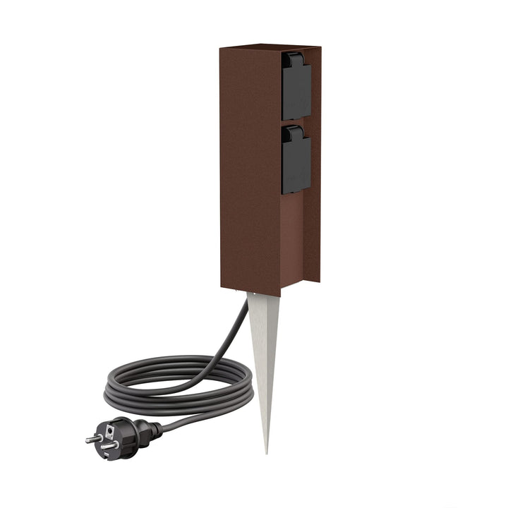 ledscom.de Garten-Steckdosen-Säule POMI mit Erdspiess und 2m Kabel für aussen, IP44, 2-Fach, braun,