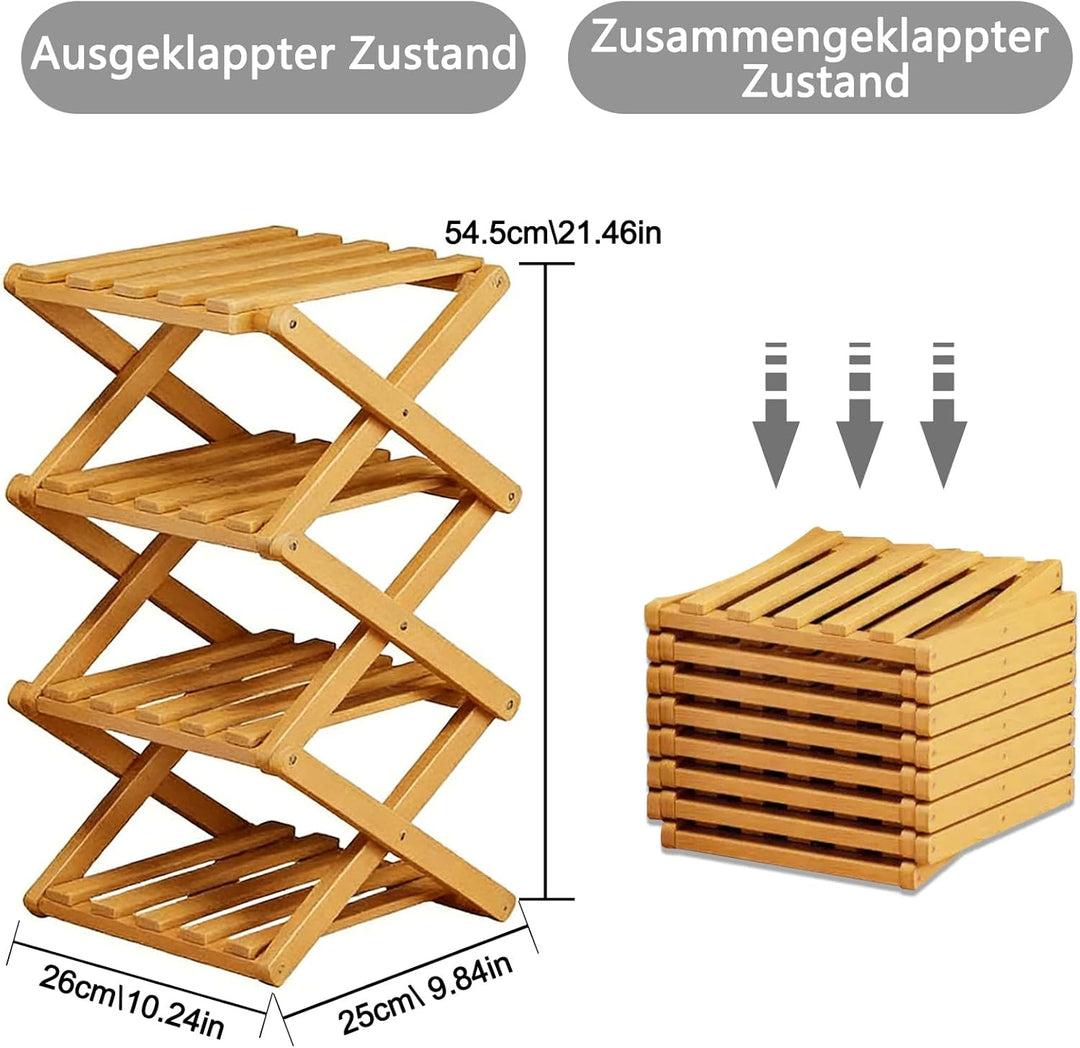 Klappbarer 4-Fach Schuhständer aus Bambus, Höhenverstellbar & Montagefrei – Platzsparender Schuhorga