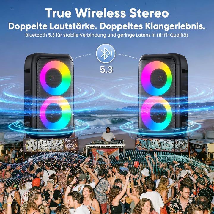 Partybox Bluetooth Party Lautsprecher mit 2 kabellosen Mikrofonen: 3-in-1 tragbare Musikbox für Gebu