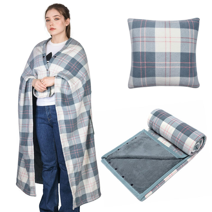 Tragbare Decke Kompaktes Kissen 2-in-1-Schossdecke Damen Poncho Fleece mit Knopf Karierte Tagesdecke