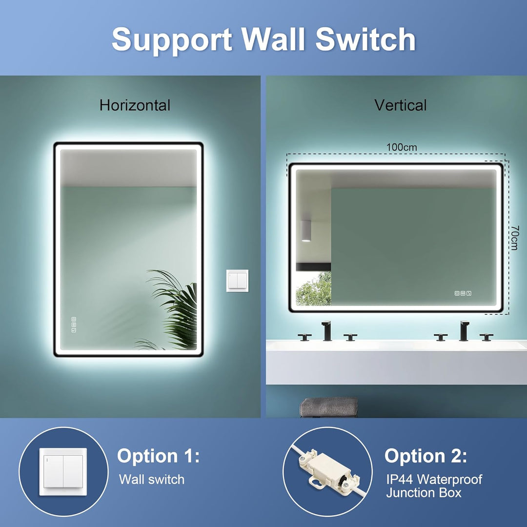 STARLEAD 70x100cm Schwarz LED-Badspiegel-mit-Beleuchtung und Bluetooth, Entfoggen, Dimmbar, 3 Lichtf