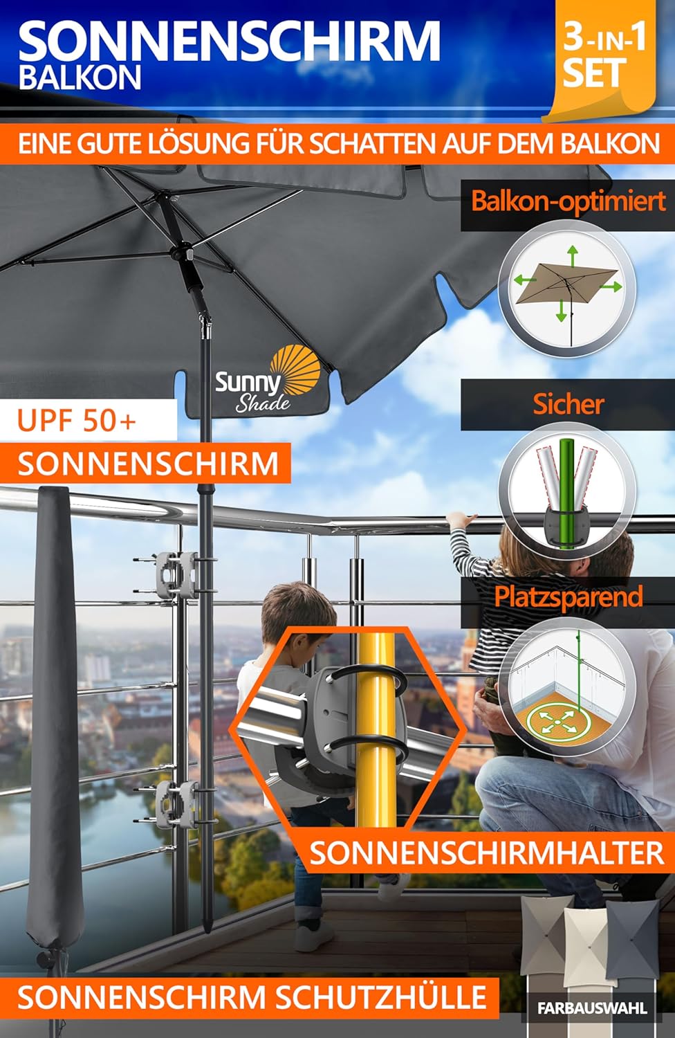 4smile Sonnenschirm Balkon SunnyShade - Sonnenschutz Balkon 4-in-1 SET, Anthrazit - Sonnenschirm rec
