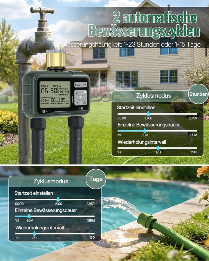 2-Zonen Bewässerungscomputer, Gartenschlauch Zeitschaltuhr Gartenbewässerung, programmierbare Bewäss