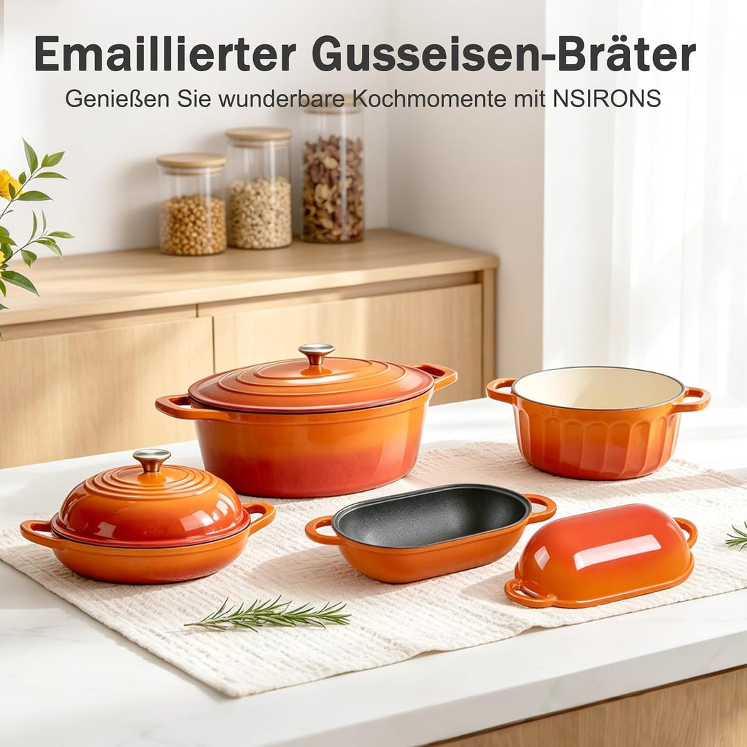 Gusseisen Bräter mit Deckel, Oval Gusseisen Topf 6.6L, Emaille Topf Gross Backofengeeignet, Schmorto