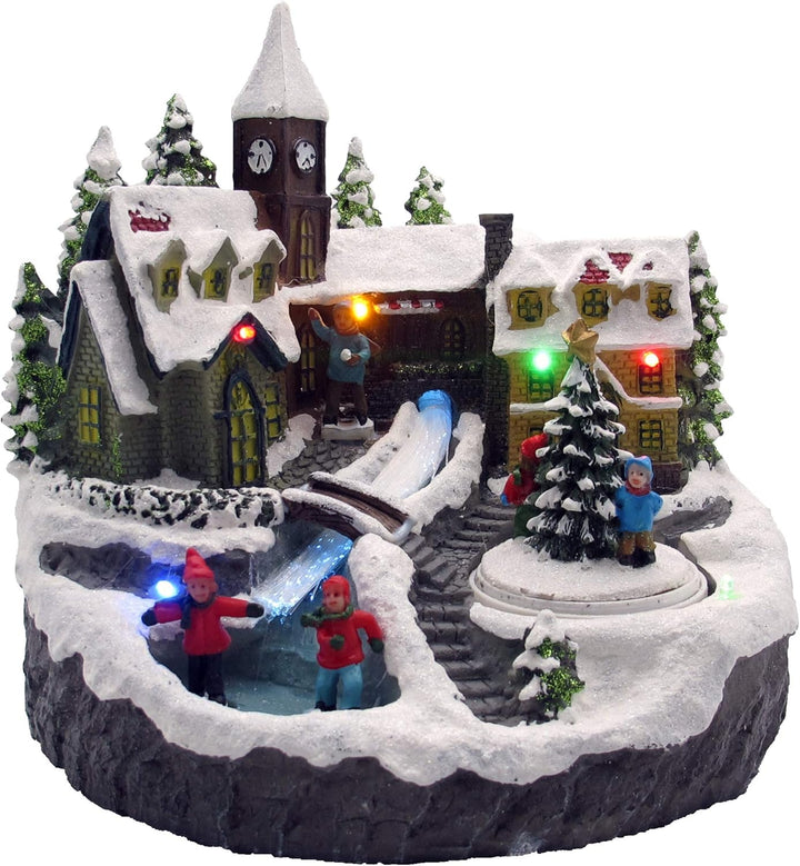 LED Winterdorf mit drehendem Element, Weihnachtsdeko mit bunter Beleuchtung, detailgetreu gefertigt,