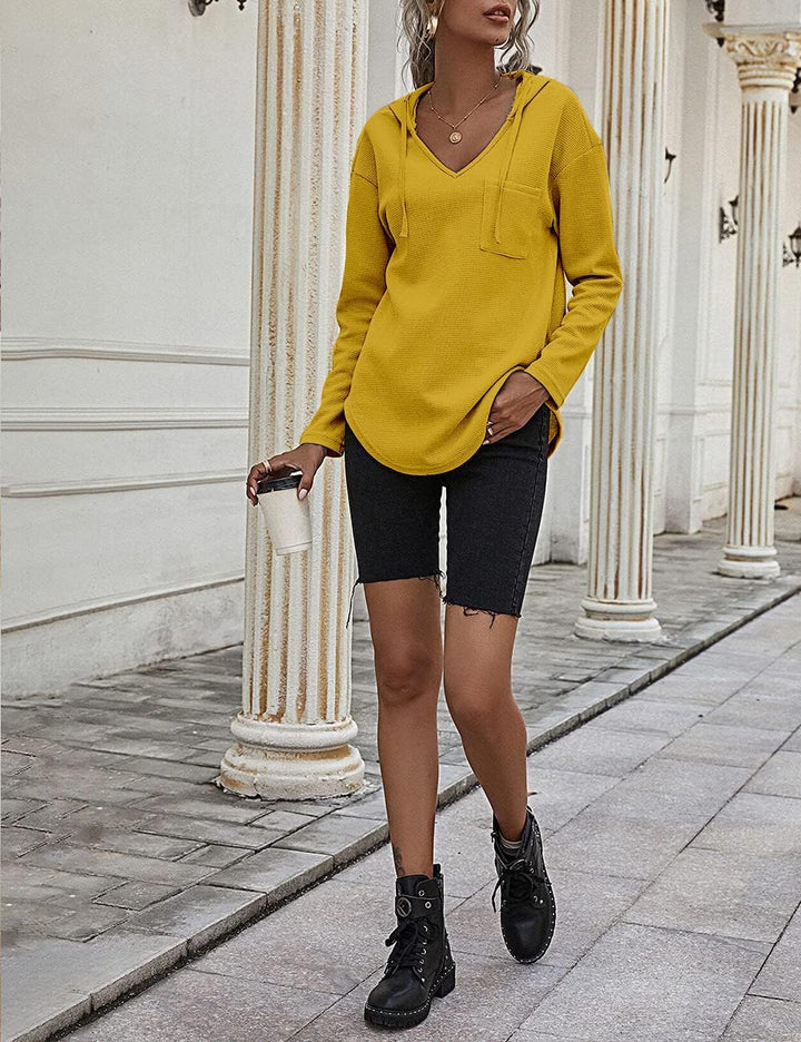 Cuptacc Pullover Damen Hoodie Langarm V Ausschnitt Pullover Sweatshirt Kapuzenpullover Einfarbig Dra