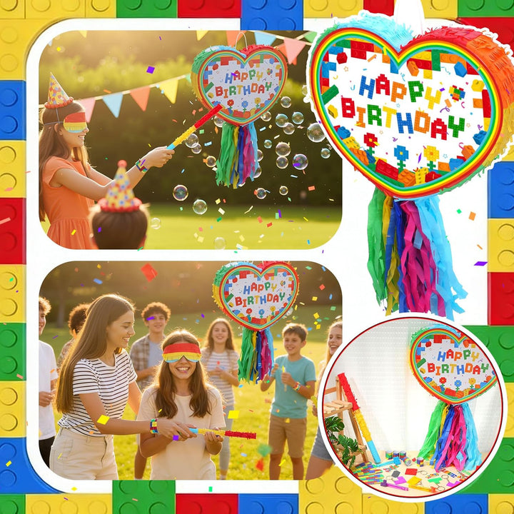 Pinata Geburtstag Happy Birthday Baustein Pinjatta mit Augenbinde und Stock zum Aufhängen Befüllen F
