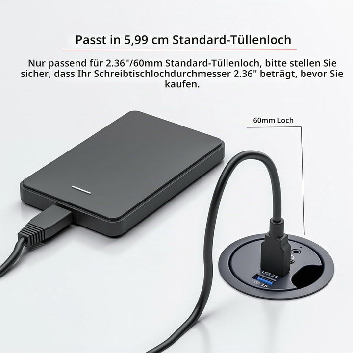NFHK USB 3.0 Hub Soundkarte USB-C 2 Port USB 60 mm Schreibtisch Tülle Splitter Dockstation Kopfhörer