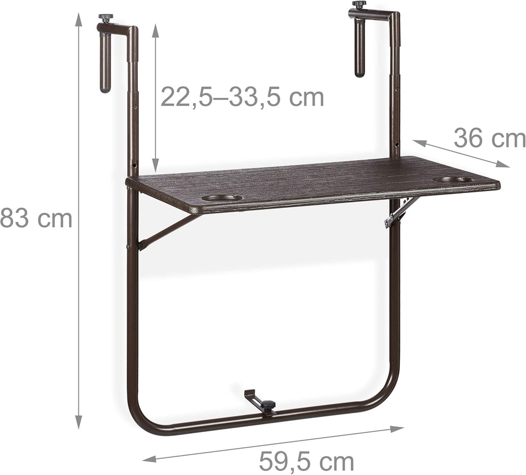 Relaxdays Balkonhängetisch klappbar, 3-Fach höhenverstellbar, Tischplatte in Holz-Optik BxT: 59,5 x