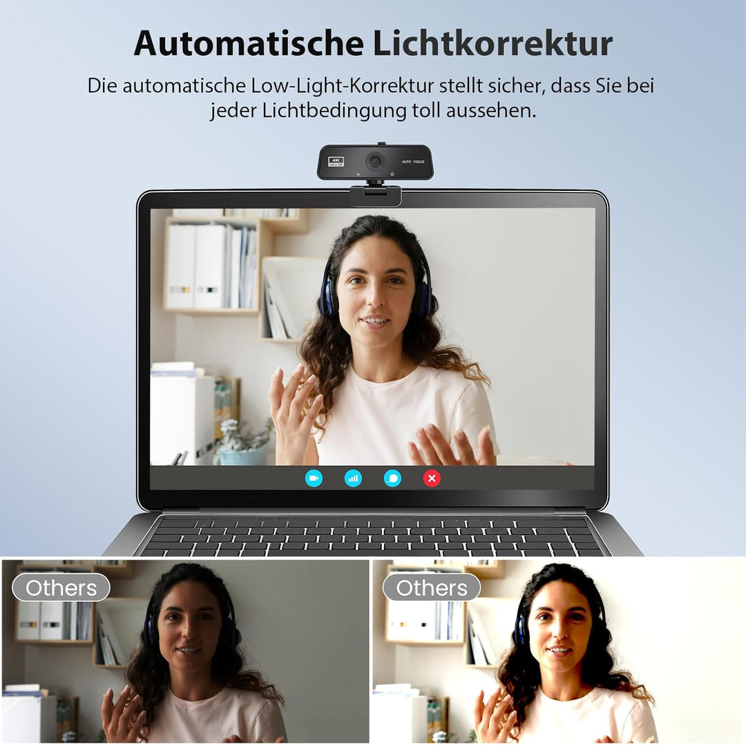 Webcam 4K - UHD PC Kamera mit USB A Klares Stereo-Audio, Automatische Lichtkorrektur Autofokus USB W