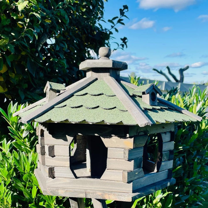 Vogelfutterhaus XL Sechseck Vogelhaus + Ständer Futterstelle Braun/Grün XL ohne Ständer Dunkelbraun