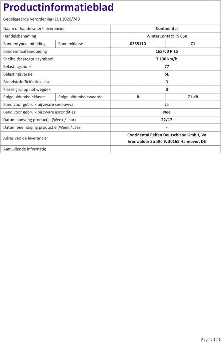 Continental WinterContact TS 860 - 165/60 R15 77T - D/B/71 - Winterreifen (PKW) 165/60R15 77T - M+S/