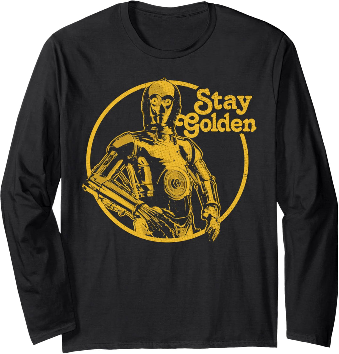 Star Wars C-3PO Stay Golden Text Portrait Langarmshirt