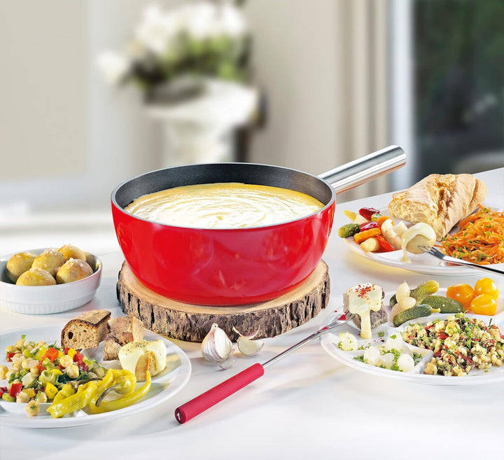 Spring Fondue Topf | Caquelon aus Aluminium-Guss | rot emailliert | Edelstahl Griff | antihaftbeschi