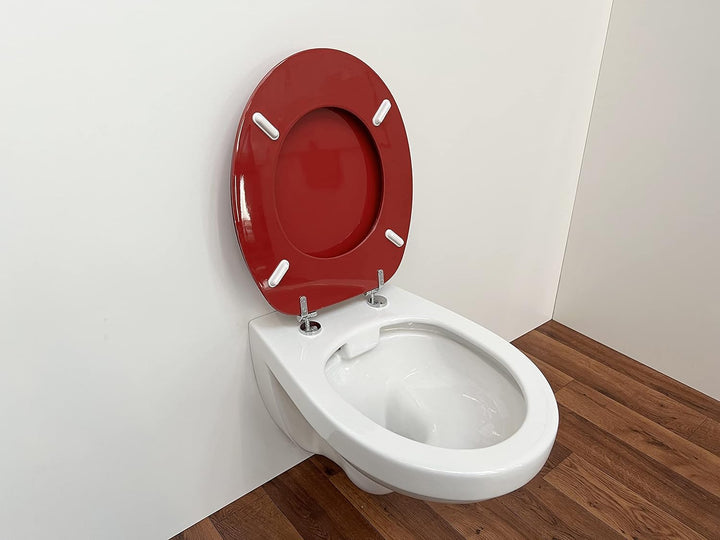 ADOB WC Sitz Klobrille Holzkern Farbe Rot extrem stabil, messing verchromte Scharniere, WC-Brille WC
