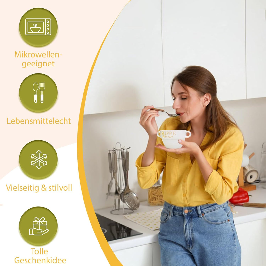 DRULINE 12x Set Suppentasse Weiss aus Keramik Ø 13 cm mit Henkel – Hochwertige Suppenschale, Hitzebe
