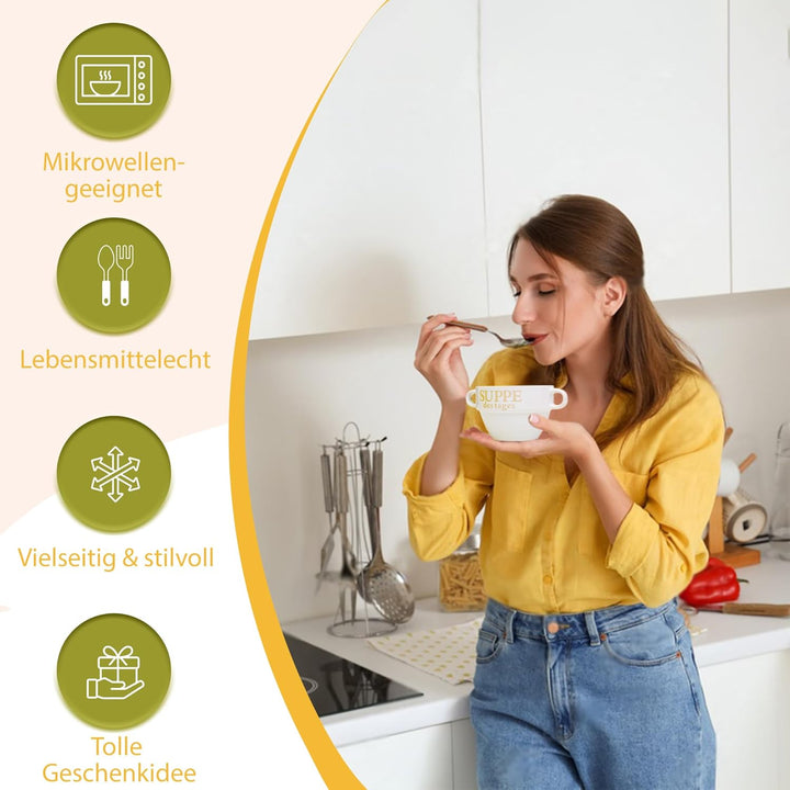 DRULINE 12x Set Suppentasse Weiss aus Keramik Ø 13 cm mit Henkel – Hochwertige Suppenschale, Hitzebe
