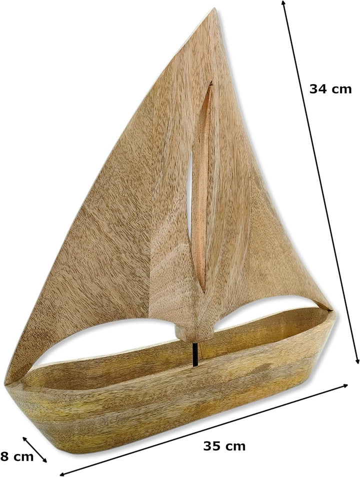 Holz Skulptur Segel-Boot 34 x 35cm braun Dekofigur Tisch-Deko Holzboot Schiff Figur