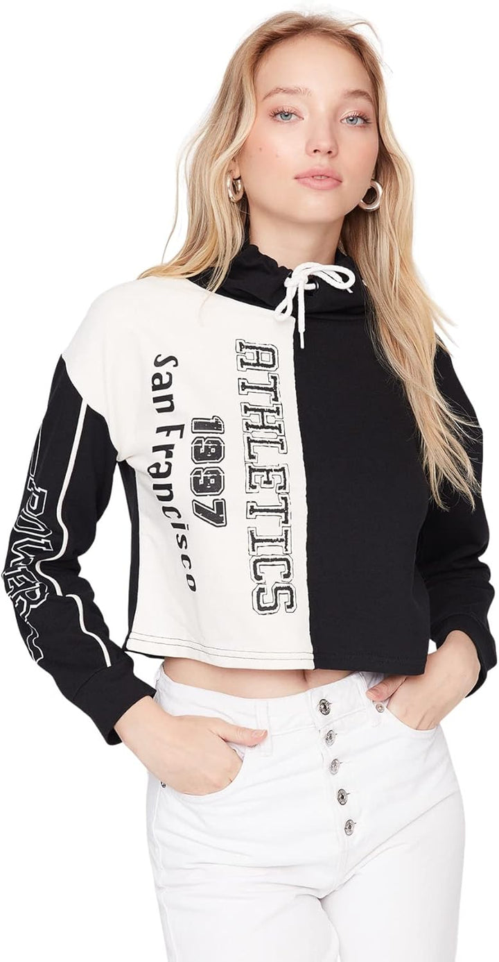TRENDYOL Damen Schwarzer Steile Kragen Gedruckt Grundlegend Dünn Gestricktes Sweatshirt, S