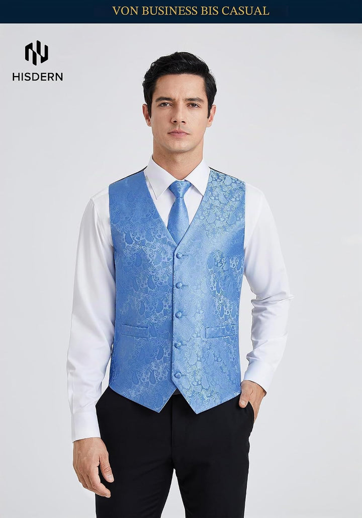 HISDERN Herren FLoral Hochzeit Weste Krawatte Einstecktuch Taschentuch Jacquard Weste Anzug Set M He