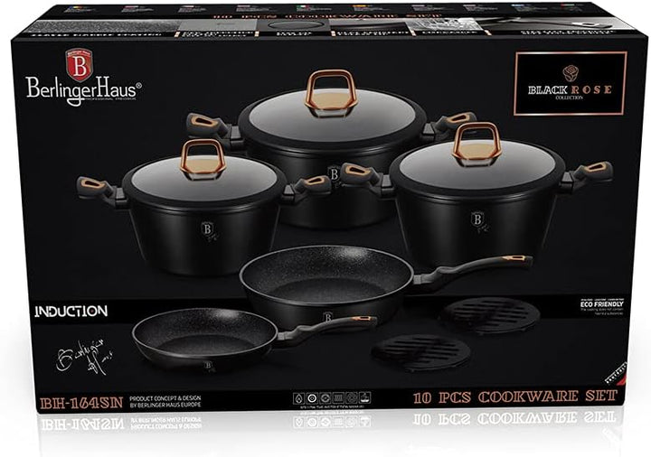 Topfset, Schwarz, Rosa, Marmor-Beschichtung, Aluminium, Turbo-Induktion, 10-teilig