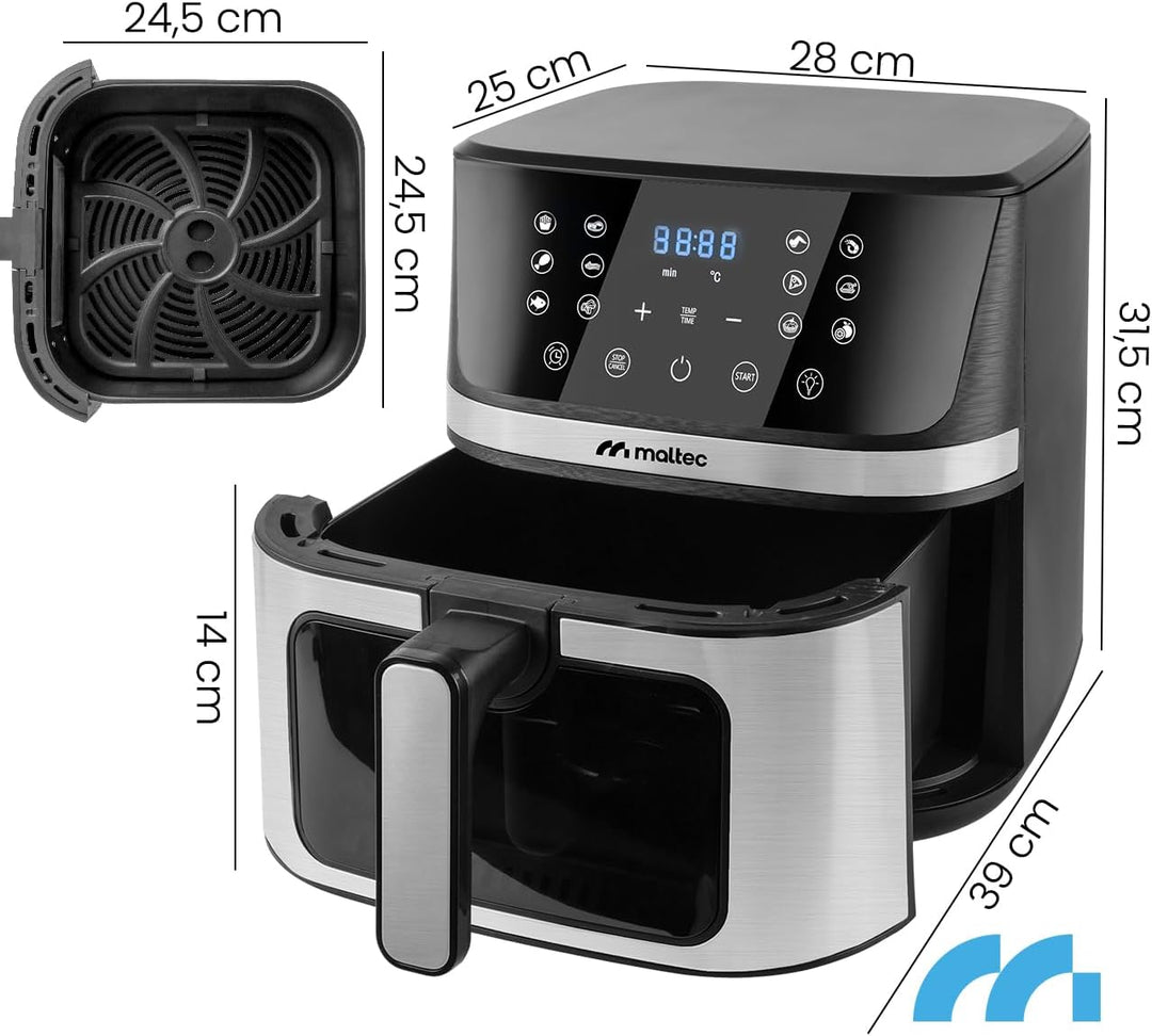 MalTec Heissluftfritteuse fettfrei AirFryer1800W-7L Gross Vorschaufenster 12 Programme Schwarz LED-T