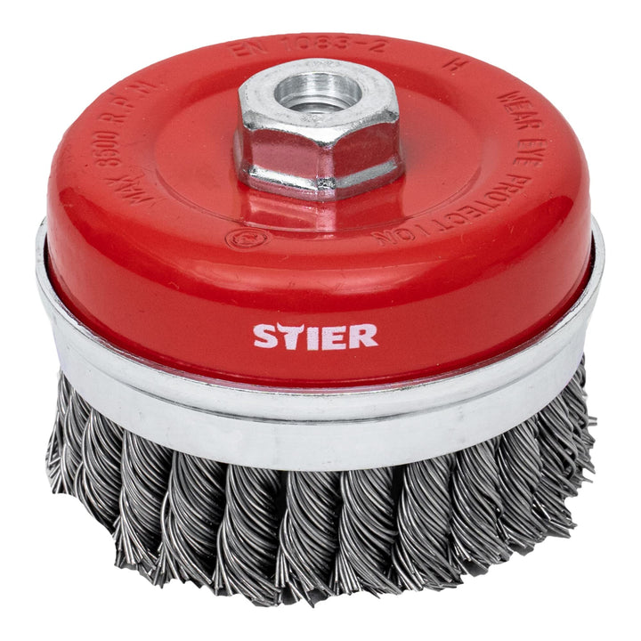 STIER Topfbürste Stahl, gezopfter Draht, für Winkelschleifer, Ø 100 mm, M14, Drahtstärke 0,8 mm, Dra