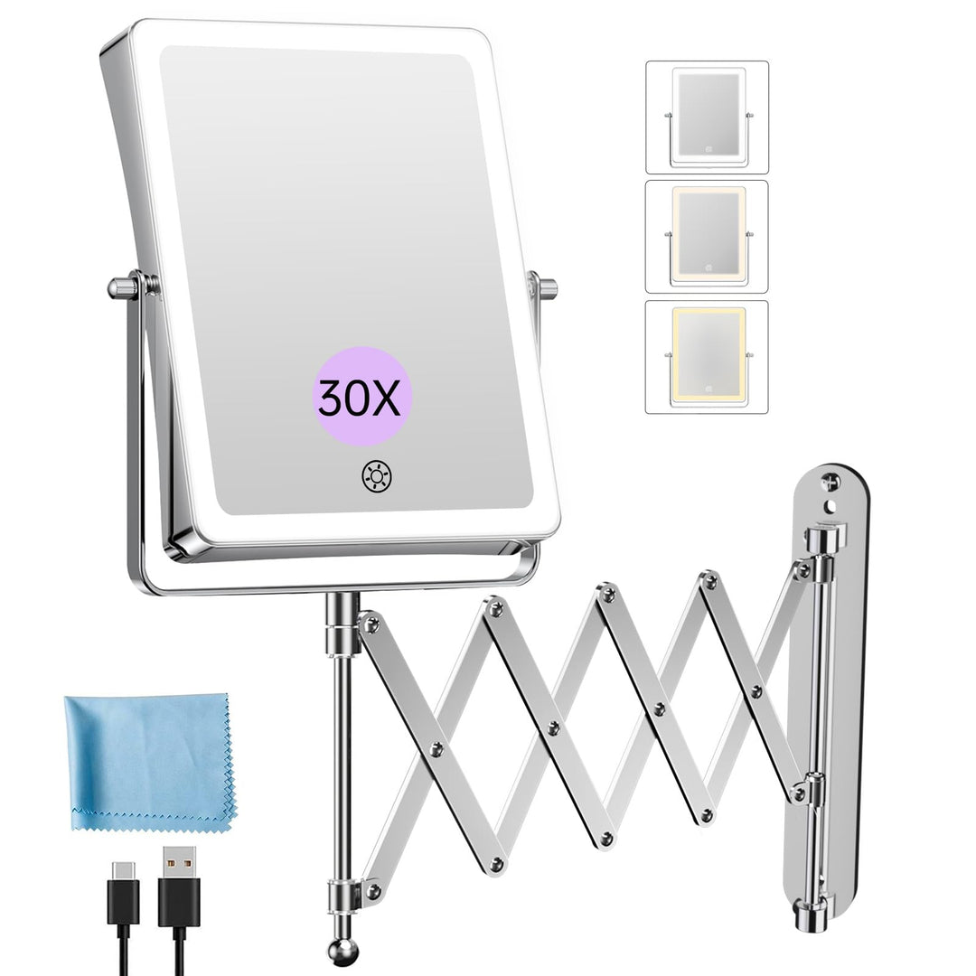 Famihomii 5000mAh Wiederaufladbar Kosmetikspiegel mit LED Beleuchtetung, 8,7 Zoll beidseitig 1X/30X